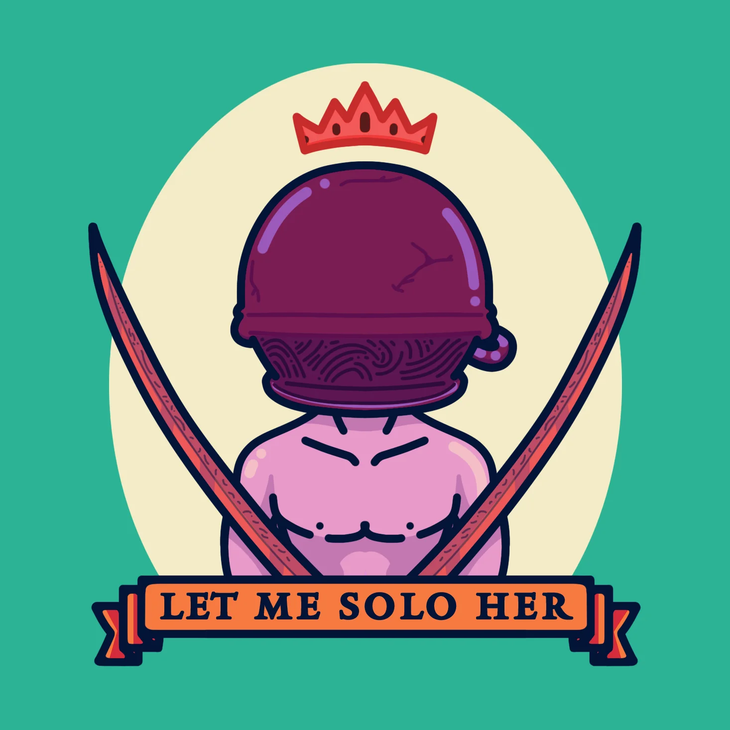 Cartoon character with dual swords and 'LET ME SOLO HER' banner