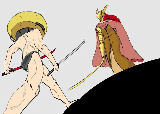 Let Me Solo Her — Two Elden Ring characters in combat—blonde female and hooded male