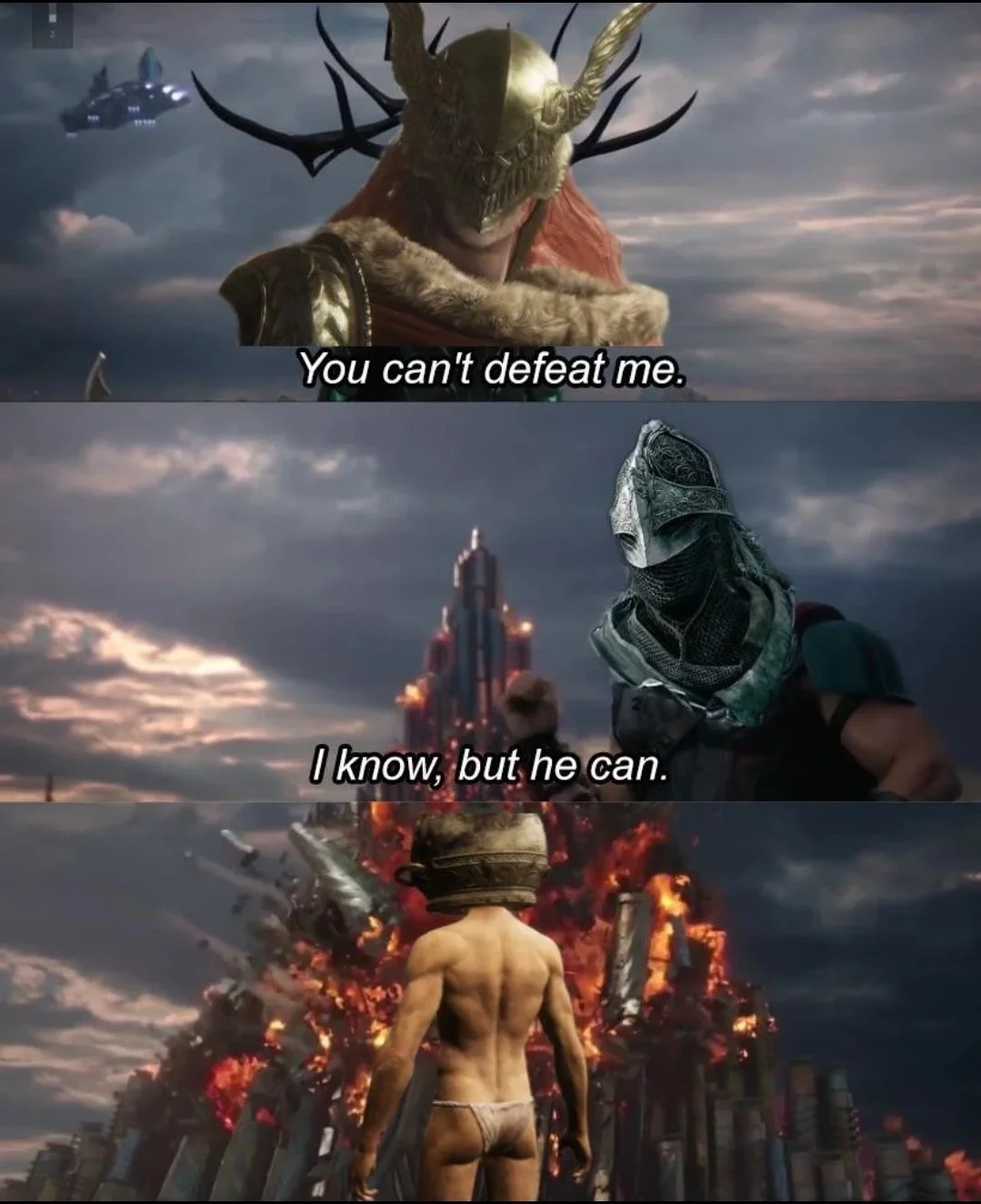 Let Me Solo Her — Three-panel Elden Ring boss meme with warrior dialogue