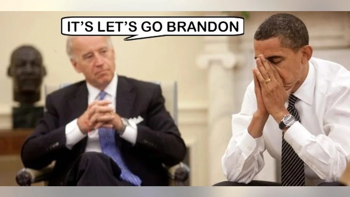 Reaction meme featuring two political figures with a speech bubble overlay reading 'IT'S LET'S GO BRANDON'.