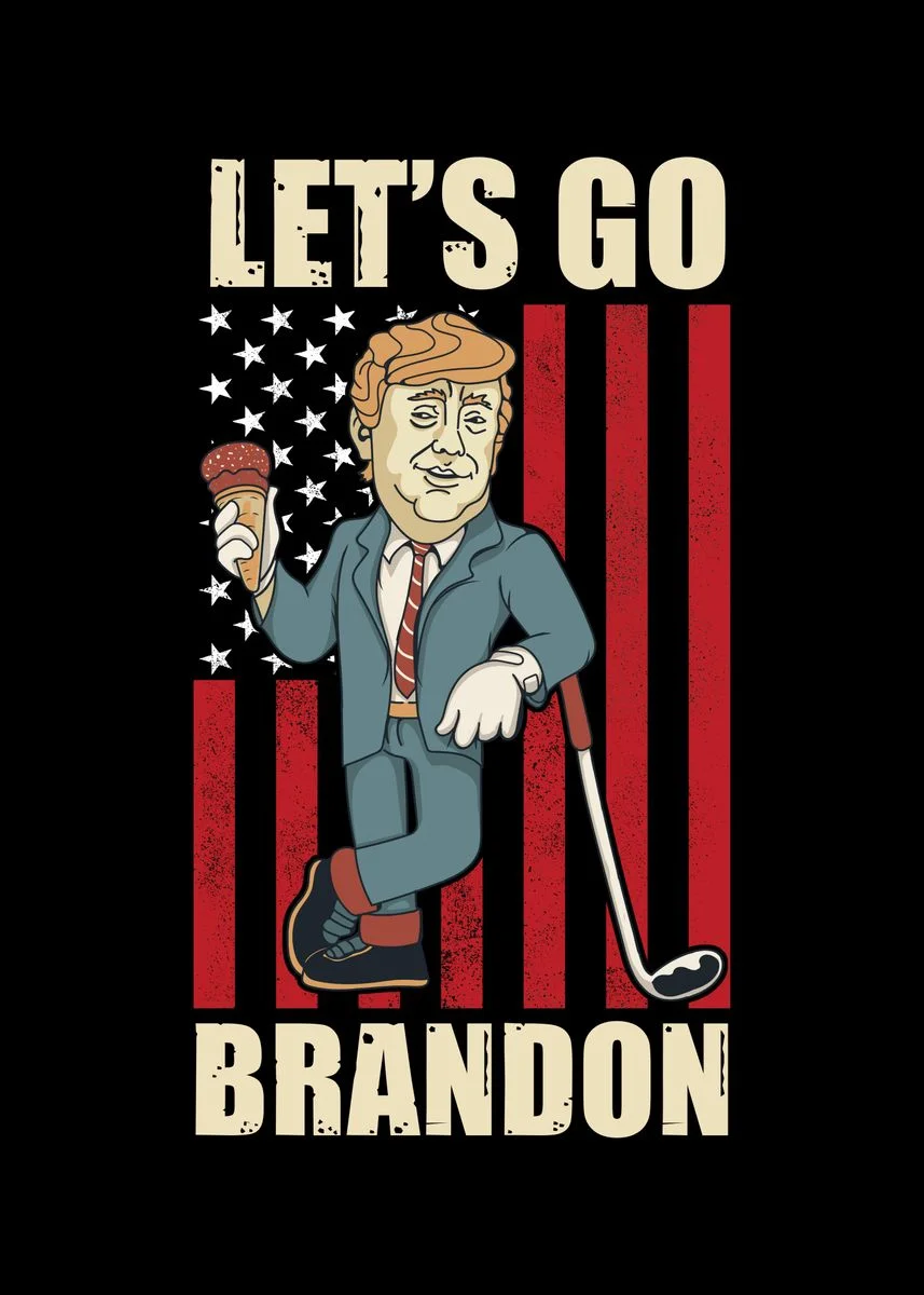 Stylized cartoon illustration of a man in business suit pointing outward against a red and white American flag background, with 'LET'S GO BRANDON' text in bold