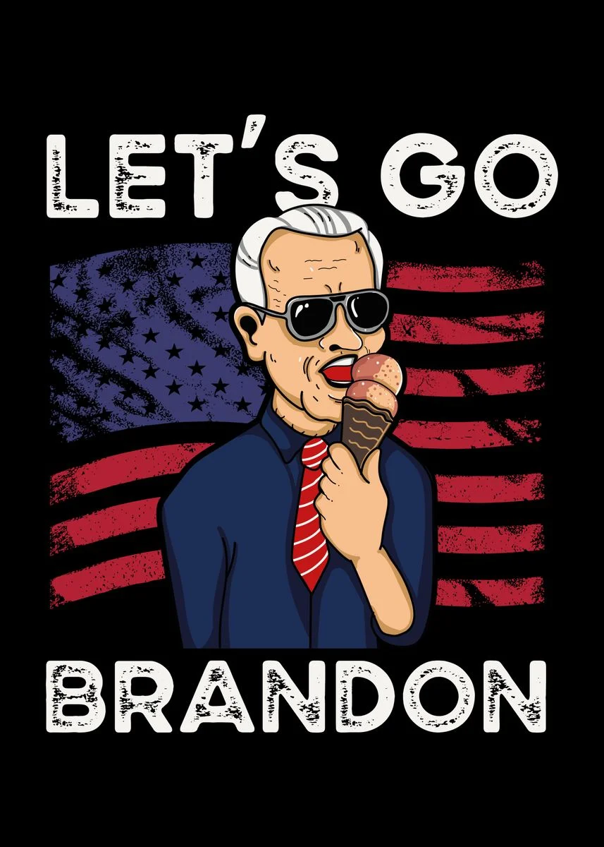 Cartoon figure wearing sunglasses with American flag split between blue stars and red stripes, featuring 'LET'S GO BRANDON' text.