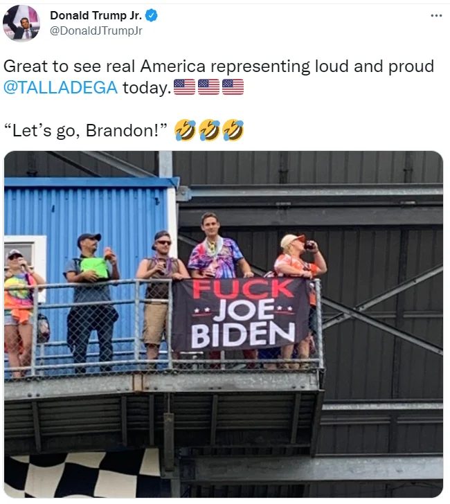 Let's Go Brandon — Twitter post from political figure with caption 'Let's go, Brandon!' and photograph of crowd holding protest sign.
