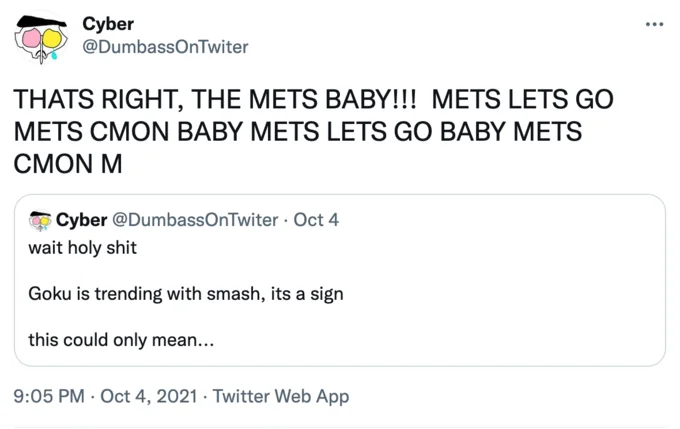 Lets Go Mets — A Twitter post in all-caps combining the classic 'Mets Baby' and 'Let's Go Mets' phrases in rapid succession.