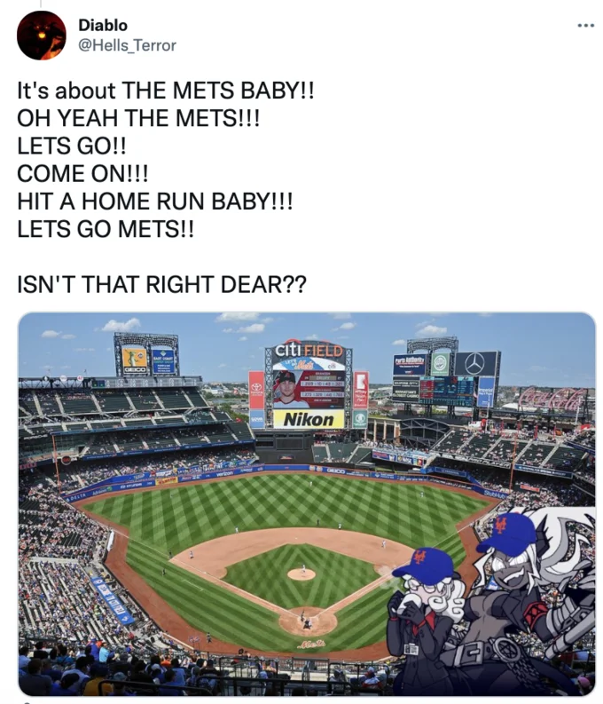 Lets Go Mets — A Twitter post showing core meme text emphasizing 'THE METS BABY' and 'LET'S GO METS' with an aerial photograph of Citi Field.