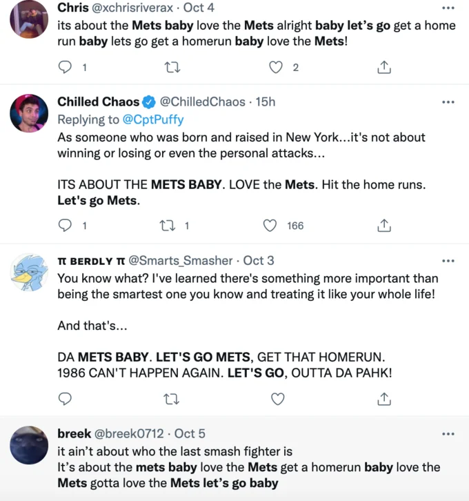 Lets Go Mets — Multiple Twitter posts showing how the 'Let's Go Mets' catchphrase became a cultural phenomenon across different conversation threads.