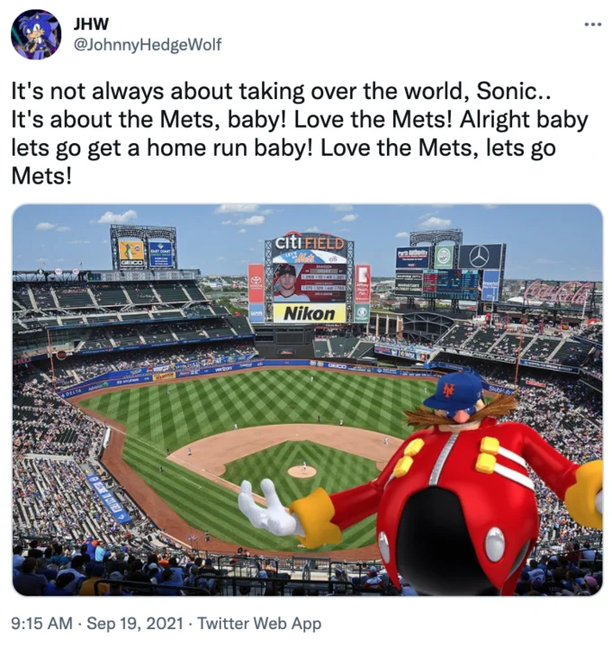 Lets Go Mets — A Twitter post using the catchphrase with a red Sonic the Hedgehog character edited into a Citi Field stadium photo.