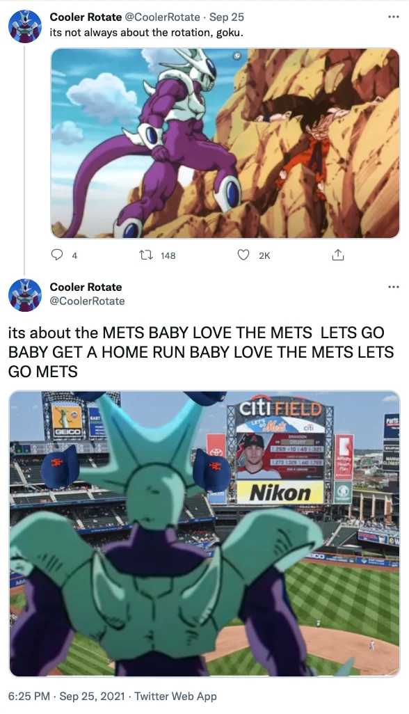Lets Go Mets — Multiple Twitter posts showing different uses of the meme including anime imagery and an actual Citi Field baseball stadium photo.