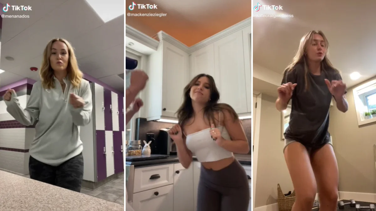 Lets Groove Tonight Dance Previous Owners Trend — Three-panel TikTok collage of women performing the Let's Groove Tonight dance trend in different indoor