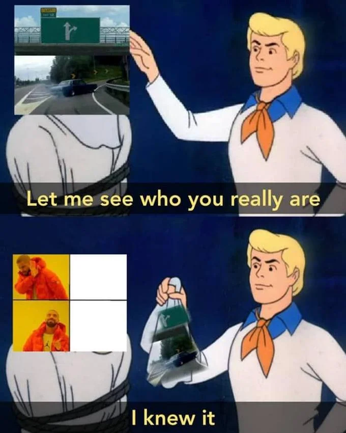 Let's See Who This Really Is — Meta Scooby-Doo meme unmasking Gru plan collage to reveal Socially Awkward Penguin