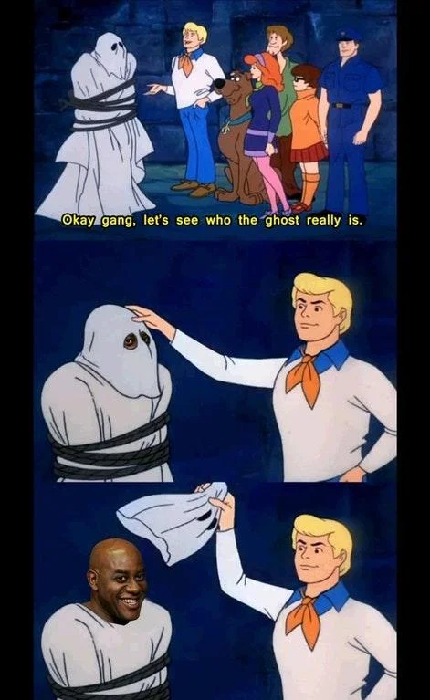 Let's See Who This Really Is — Scooby-Doo unmasking meme with Pingu revealed as Mr Skeltal skeleton