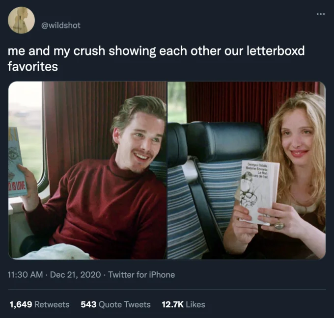 Tweet using Before Sunrise stills as a metaphor for sharing Letterboxd favorites
