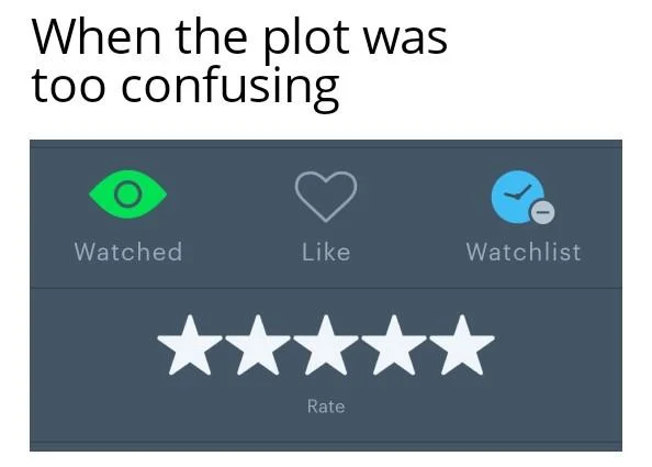 Letterboxd rating interface with caption when the plot was too confusing