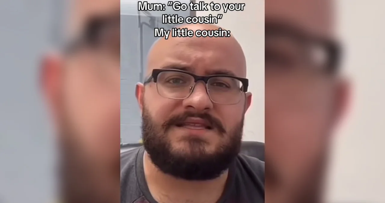 Level 5 Gyatt Rizz Copypasta — Bald bearded man with glasses staring at the camera with a serious expression, captioned 'Mum: Go talk to your little cousin /
