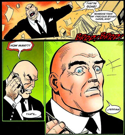 Lex Luthor Took Forty Cakes — Comic panels of Lex Luthor screaming about his stolen cakes being gone