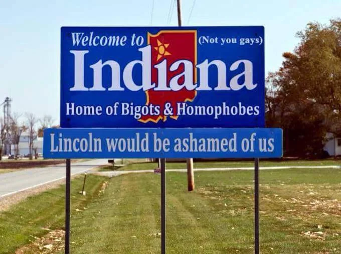 Religion — Parody Welcome to Indiana sign mocking the state's religious freedom law