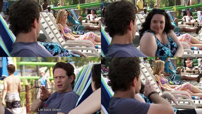 Lie Back Down — A cleaner version showing the iconic scene composition with people in lounge chairs, displaying the three-way positioning central to the meme.