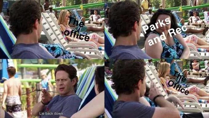 The Lie Back Down meme applied as a four-panel comparison between different television shows, maintaining the scene's iconic composition.