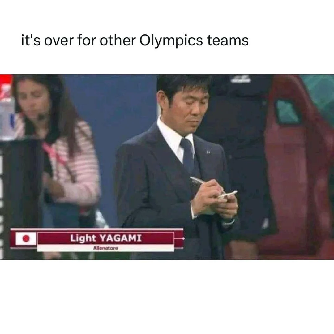 Light Yagami At The Olympics — Twitter clarification post identifying the coach as Hajime Moriyasu, Japan football manager