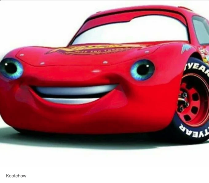 Lightning McQueen's Ka-Chow — Distorted Lightning McQueen face with big misaligned eyes, captioned Kootchow