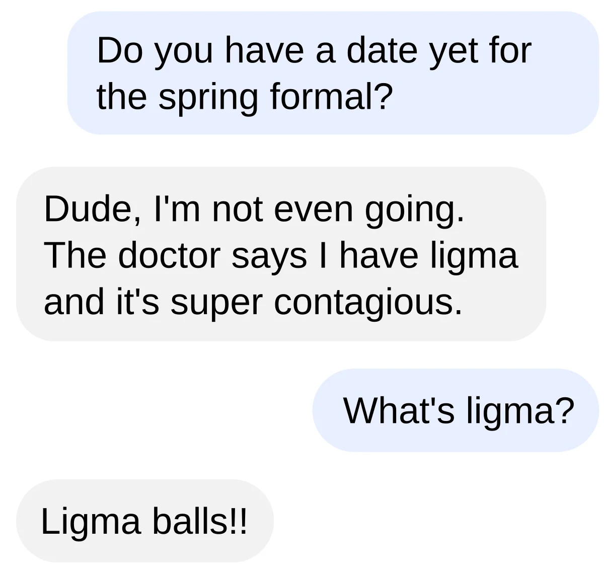 Text message conversation showing Ligma joke setup and punchline