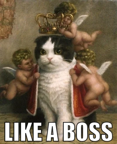 A cat in royal robes being crowned by angels in classical painting style with 'LIKE A BOSS' text