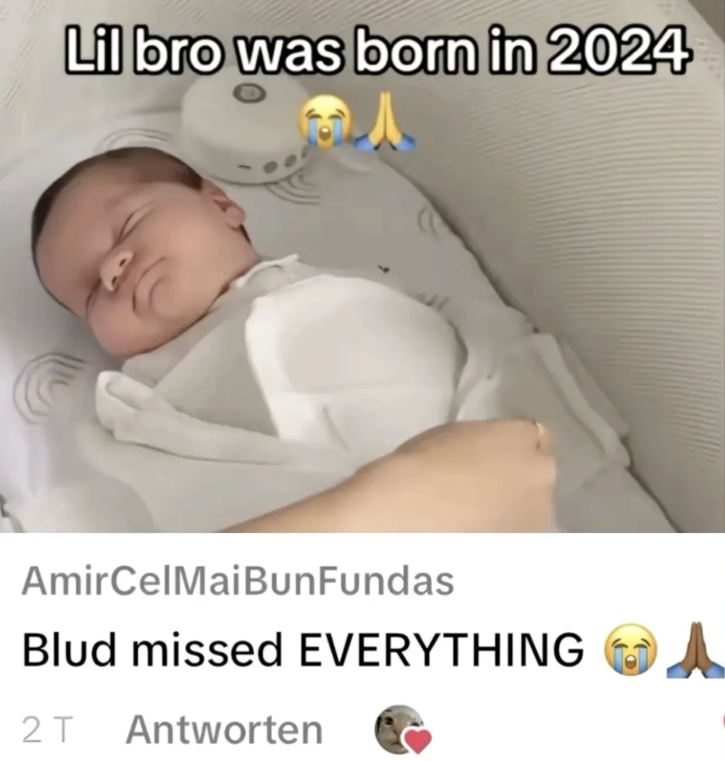 Meme combining newborn baby image captioned 'Lil bro was born in 2024' with reply comment 'Blud missed EVERYTHING'