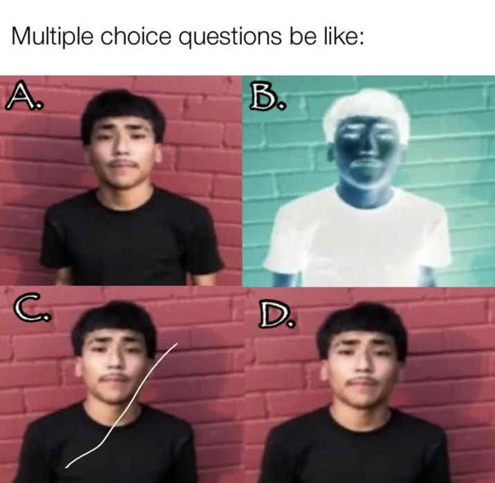 Lil G Photo Houston Resident — A 'Multiple choice questions be like' meme featuring four panels of Lil G against the red brick wall background with slight