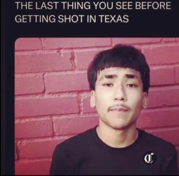 Lil G Photo Houston Resident — Lil G's iconic photo against red brick wall paired with text overlay reading 'THE LAST THING YOU SEE BEFORE GETTING SHOT IN
