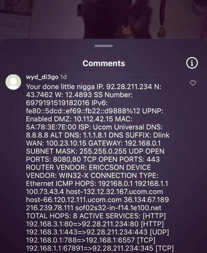 Lil Nigga Instagram Reels Comments — Instagram Reels comment listing fake IP address and network info as a joke doxx