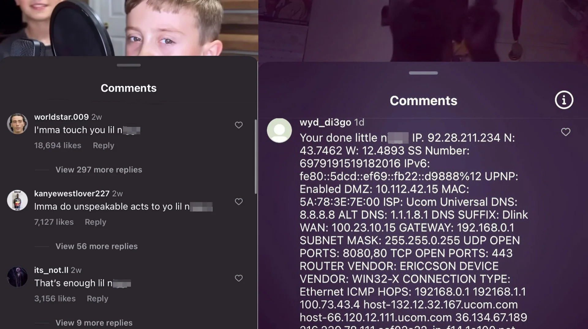 Lil Nigga Instagram Reels Comments — Side-by-side Instagram Reels comment screenshots featuring exaggerated threat comments aimed at a young boy