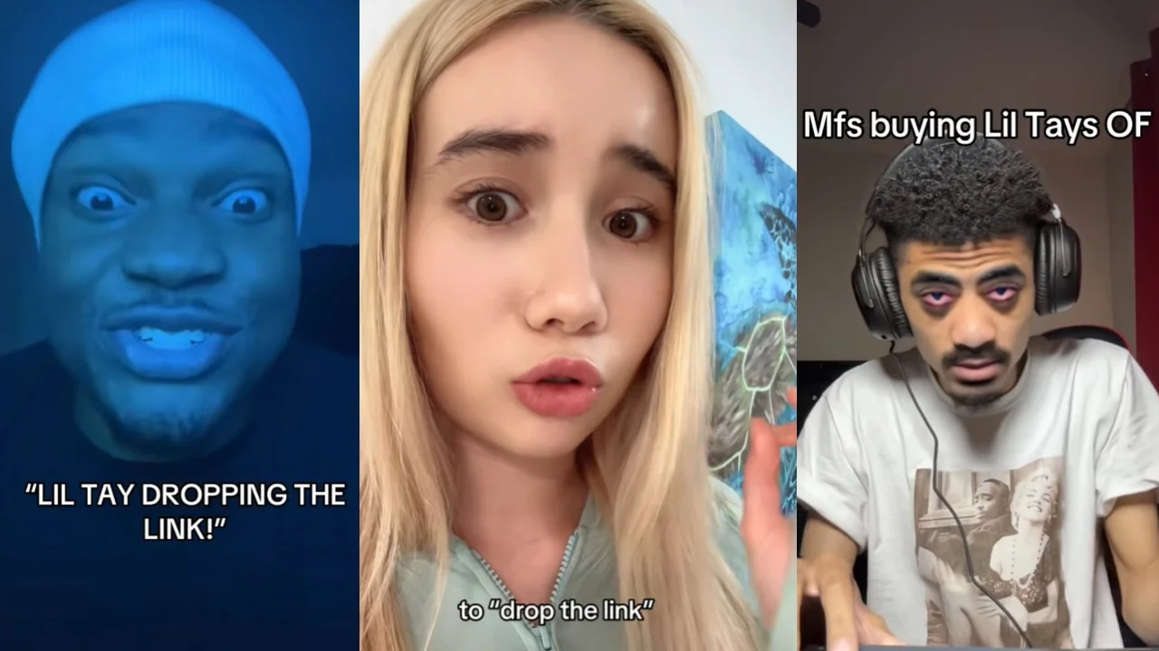 Lil Tay Dropping The Link Lil Tay Onlyfans — Three-panel TikTok collage of reactions to Lil Tay dropping her OnlyFans link.