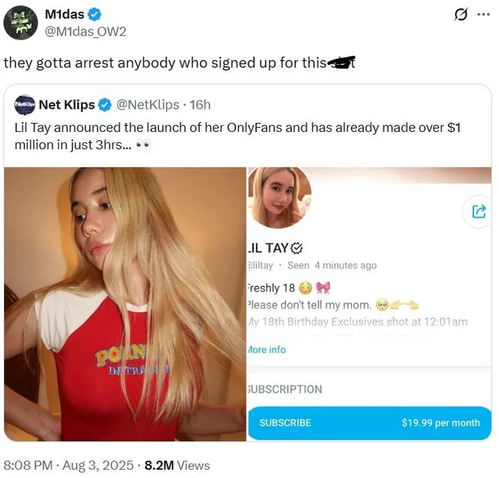 Lil Tay Dropping The Link Lil Tay Onlyfans — Twitter post reacting to Lil Tay's OnlyFans launch news with 8.2 million views.