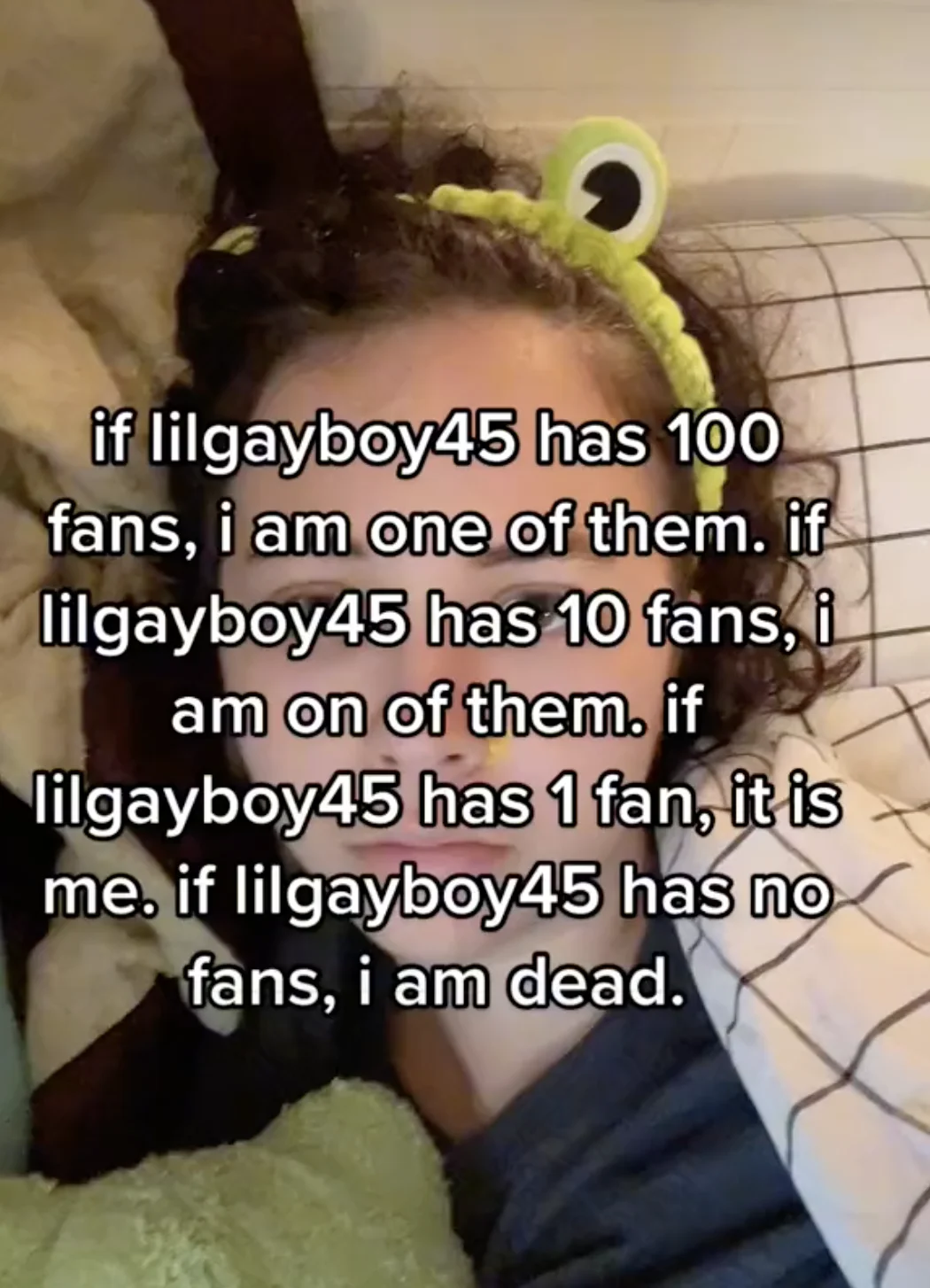 Person with frog headband in bed with text about being a lilgayboy45 fan