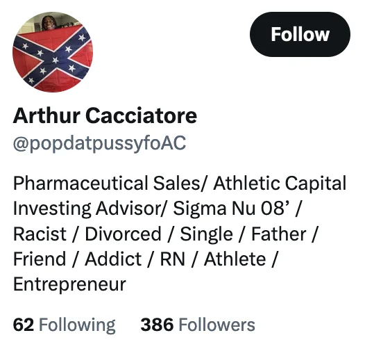Lily Lang Sec Burnerverse Trolling — Arthur Cacciatore Twitter profile page with Confederate flag avatar and self-described bio