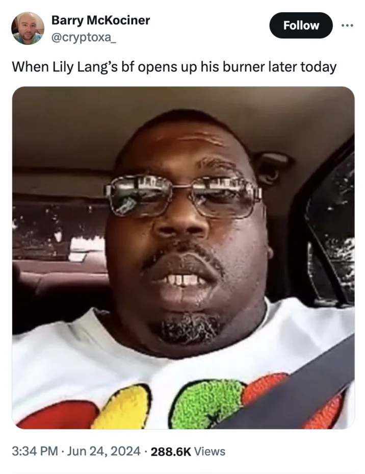 Lily Lang Sec Burnerverse Trolling — Tweet joking about Lily Lang's boyfriend opening his burner account, with reaction meme image