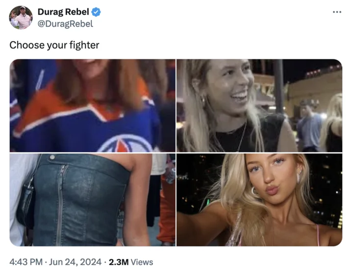 Lily Lang Sec Burnerverse Trolling — Choose your fighter tweet with four-panel grid of women tied to the SEC burnerverse meme