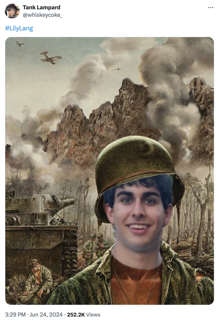 Lily Lang Sec Burnerverse Trolling — Photoshopped image of Lily Lang as a WWII soldier on a battlefield, tagged LilyLang