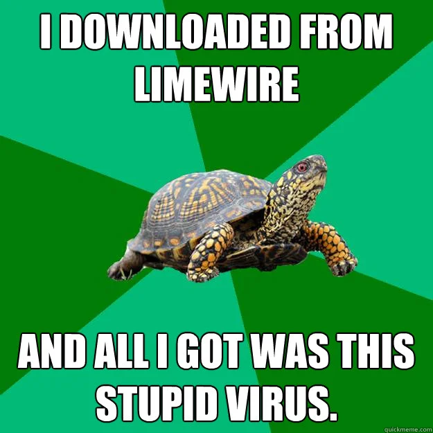 Limewire Download — A vibrant meme format featuring a tortoise on a green sunburst background with white Impact font text reading 'I DOWNLOADED FROM LIMEWIRE'