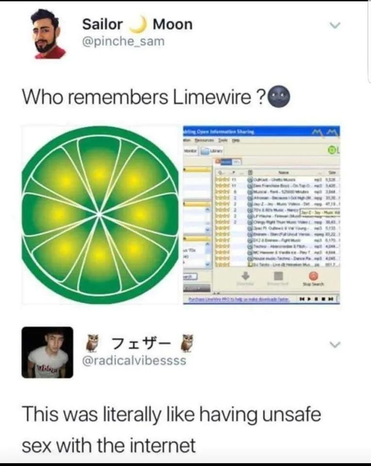 Limewire Download — A Twitter screenshot showing a conversation thread about Limewire with replies referencing computer infections and a screenshot of the