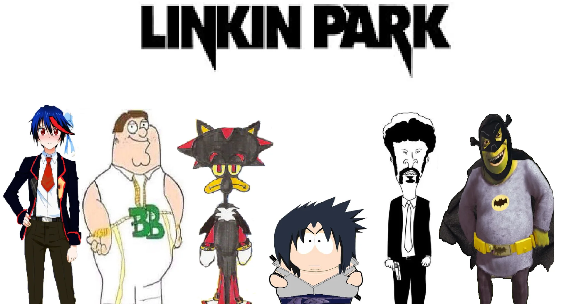 Joke Linkin Park lineup collage with unrelated cartoon characters under the band logo