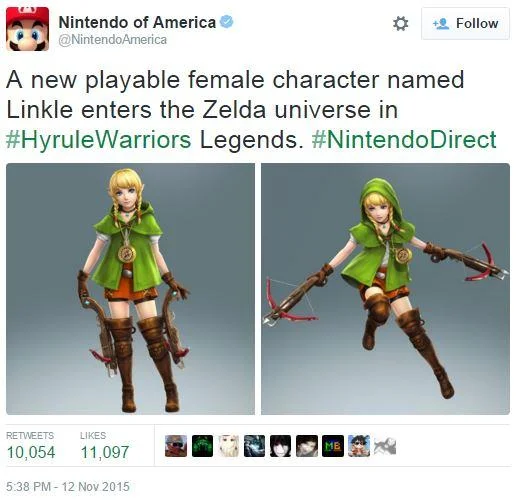 Nintendo of America tweet announcing Linkle in Hyrule Warriors Legends