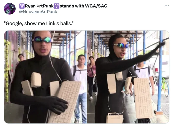 Tweet reading 'Google show me Link's balls' with keyboard-covered person meme images