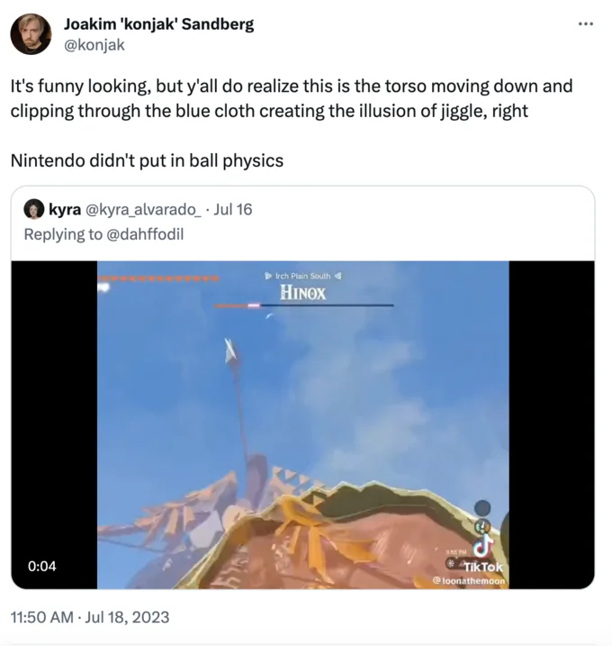 Link's Balls — Tweet by @konjak explaining that the apparent jiggle is torso clipping, quoting the original Zelda clip