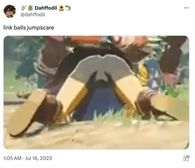 Link's Balls — Tweet reading 'link balls jumpscare' with a close-up Zelda screenshot