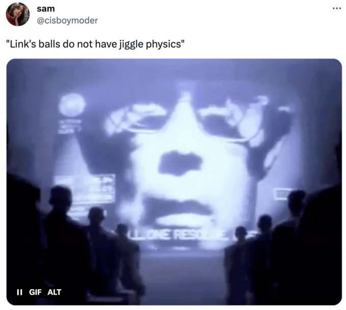 Tweet quoting 'Link's balls do not have jiggle physics' with an Apple 1984 ad still