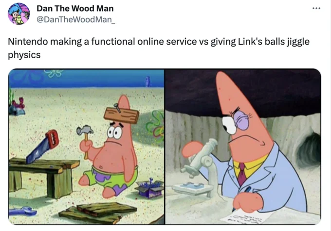 Link's Balls — Tweet with Dumb vs Smart Patrick meme about Nintendo online service and Link's ball jiggle physics