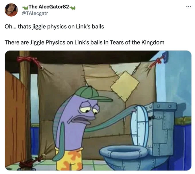 Tweet about Link's balls jiggle physics paired with a SpongeBob fish and toilet reaction image