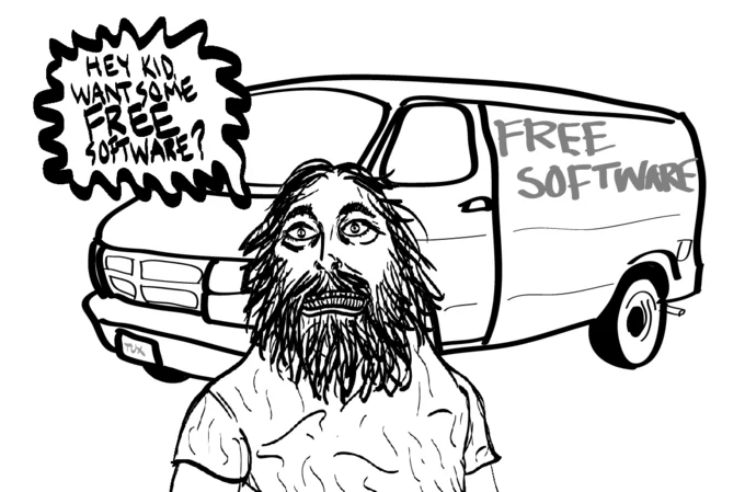 Linux — Comic of bearded man offering free software from a van