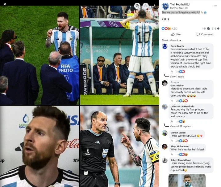 Lionel Messi Fifa Princess — Facebook screenshot with Messi World Cup collage and comments about FIFA princess treatment